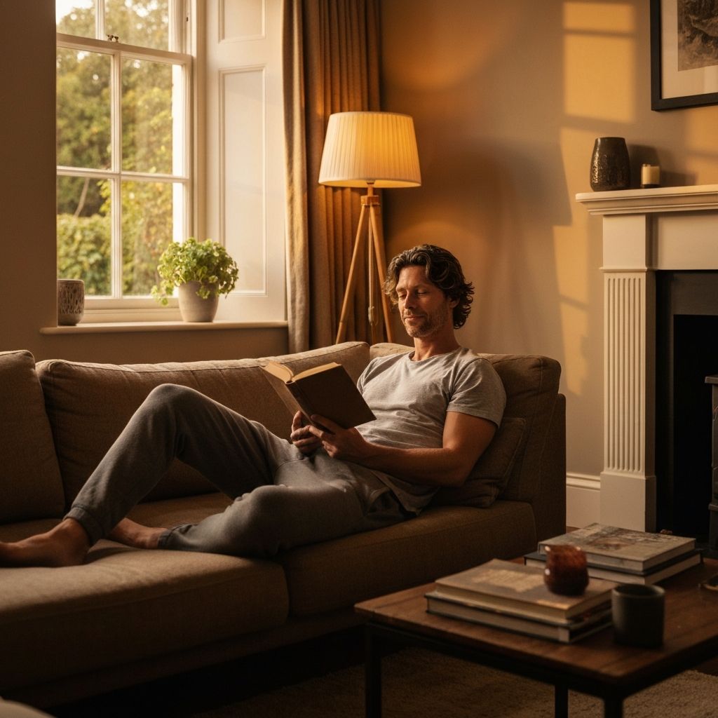 Man in comfortable home evening setting with relaxation