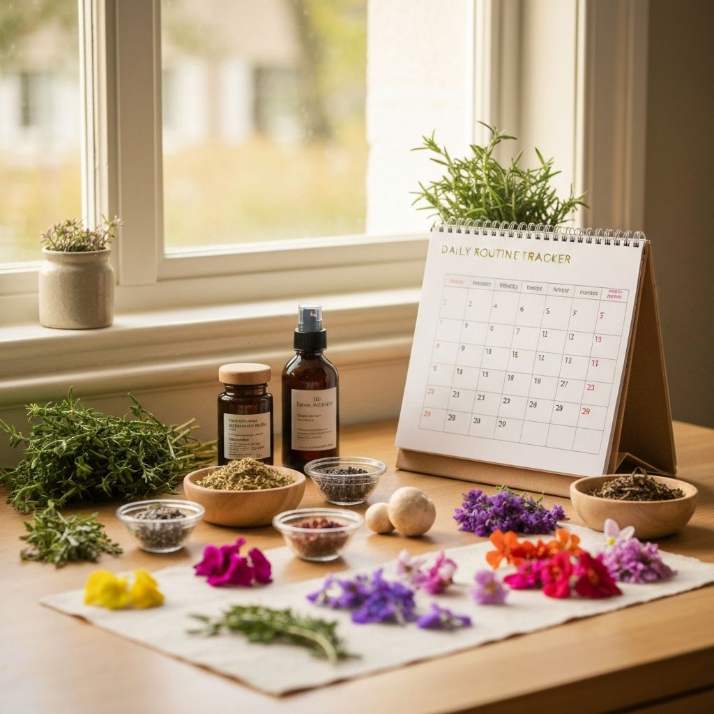 Weekly product arrangement with daily routine tracker and natural ingredients