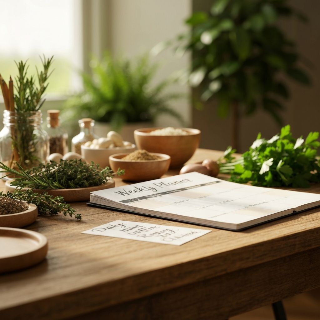 Weekly planner with daily routine notes and natural ingredients displayed nearby